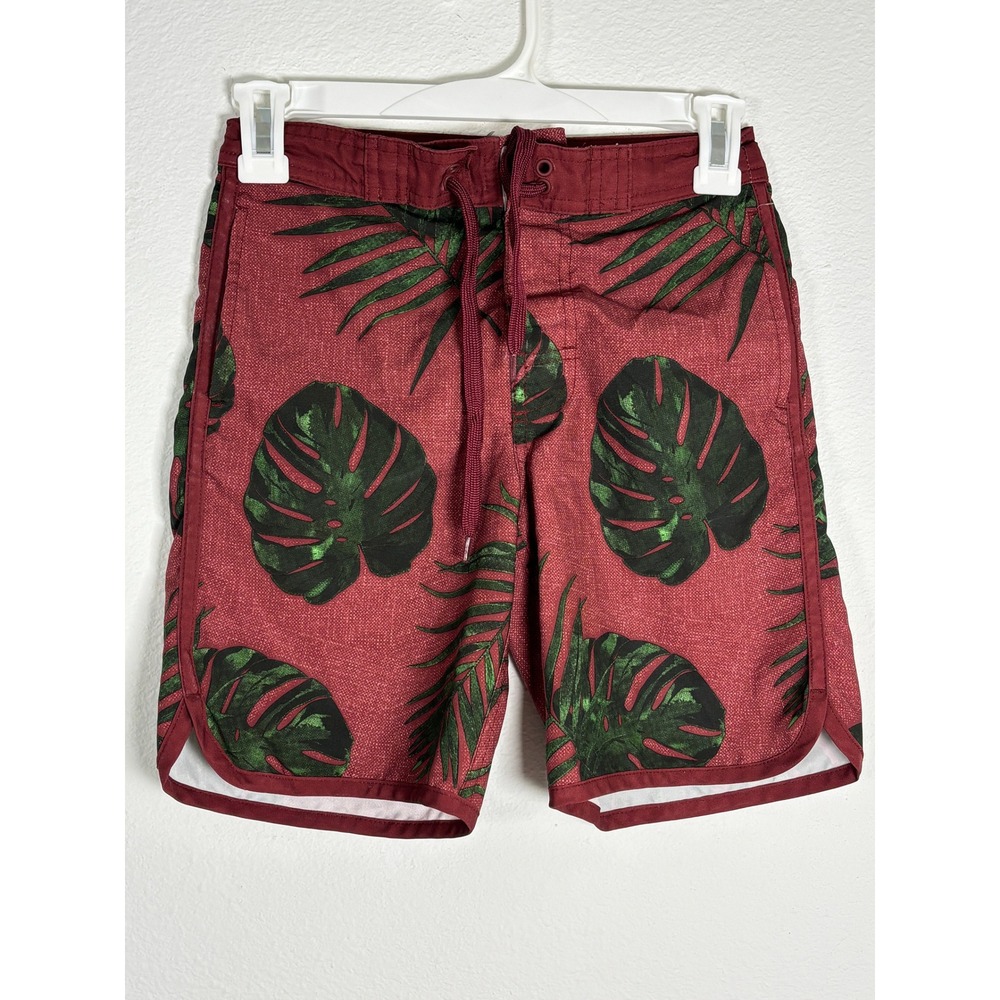 O'Rageous Mens Tropical Monstera Leaf Board Shorts Burgundy Red Swim Trunks  S